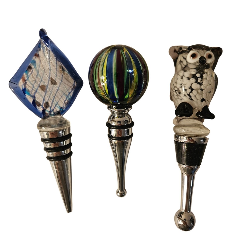 Hand Blown Art Glass Wine Bottle Stoppers - Owl, Globe, Diamond 3 Piece Set